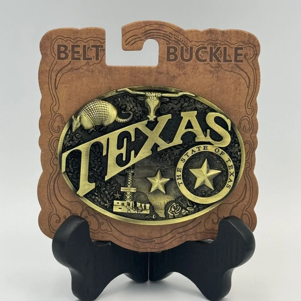 Texas‎ Belt Buckle Antique Brass Style Longhorn Armadillo Western SKU 15012